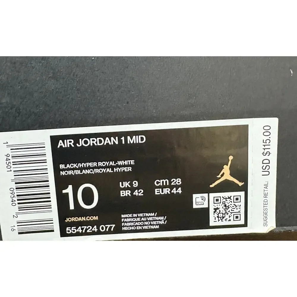 Nike Air Jordan 1 Mid Black Royal Tumbled Leather Mens 10 Shoes 554724-077 Box